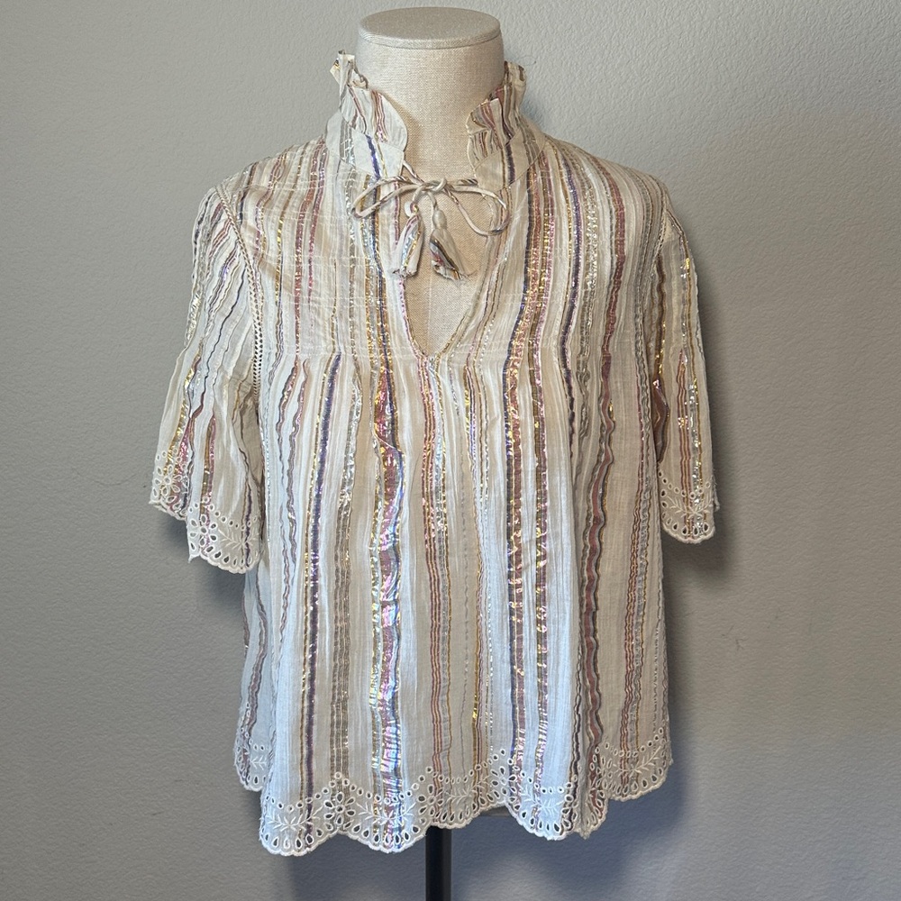 Sea New York Harriet Pintucked Multi Striped Metallic Top - Small